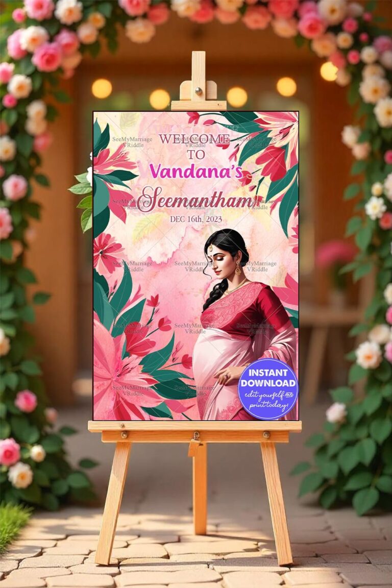 Pink Floral Seemantham Welcome Banner with Mother-to-Be Illustration and Bold Event Typography