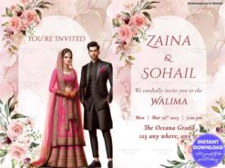 Pink Florals Muslim Walima Reception Invitation with Elegant Muslim Couple Illustration and Traditional Elegance