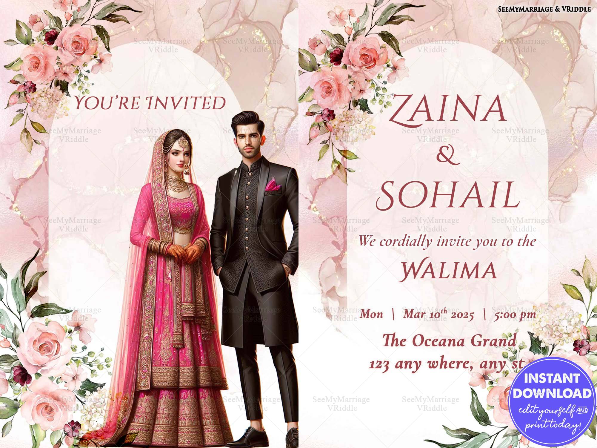 Pink Florals Muslim Walima Reception Invitation with Elegant Muslim Couple Illustration and Traditional Elegance