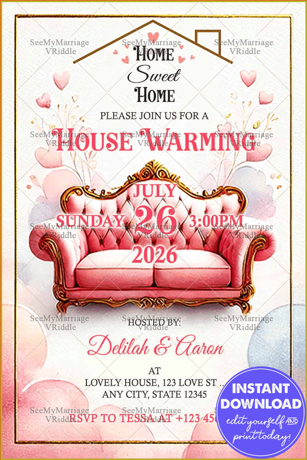 Pink Hearts-Theme Housewarming Invitation with Pink Sofa, Pastel Balloons in Elegant Design