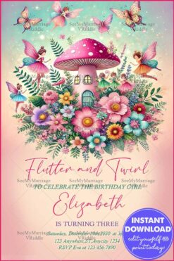 Pink Magical Fairy 3rd Birthday Invitation with Fluttering Butterflies, Enchanting Mushroom House, and Floral Bliss
