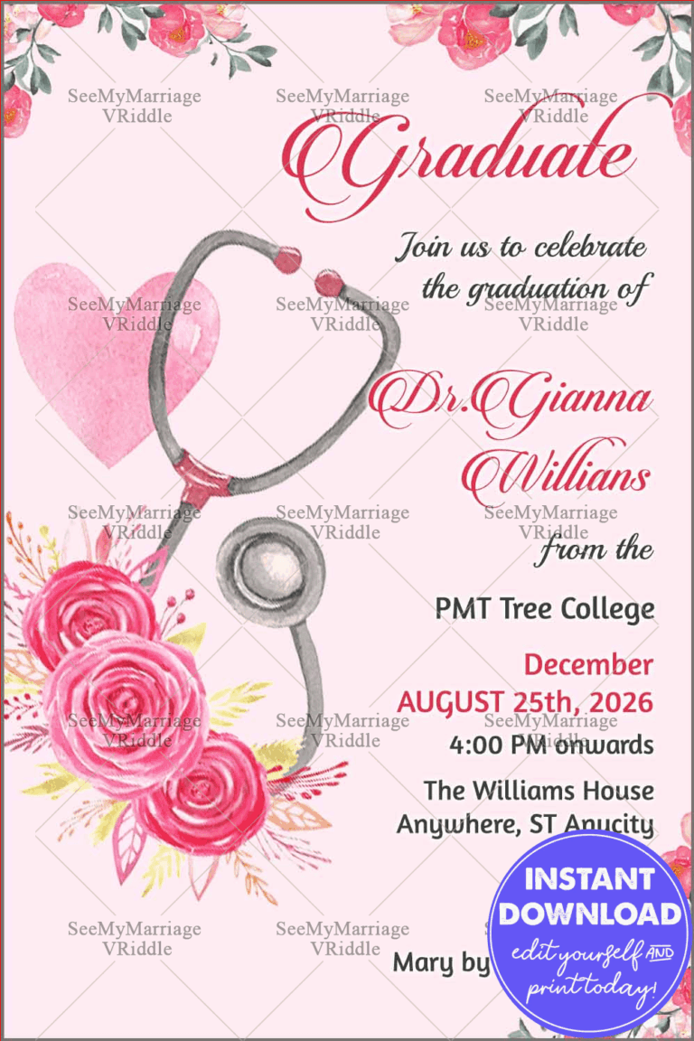 Pink Medical-Themed Graduation Invitation Featuring Stethoscope Illustration and Floral Design