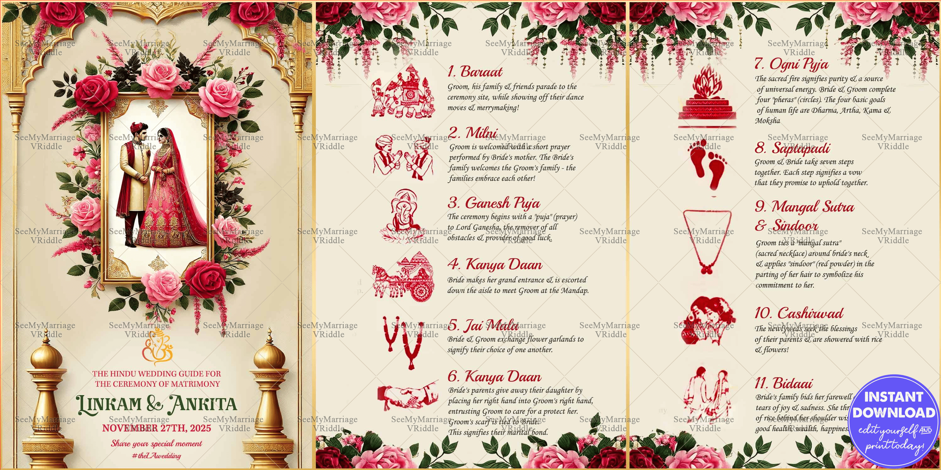 Pink and Red Floral Hindu Wedding Ritual Guide with Golden Frames and Couple Illustration in it
