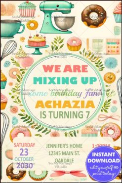 Playful Baking-Themed 7th Birthday Invitation with Cupcakes, Donuts, and Kitchen Tools in Pastel Tones