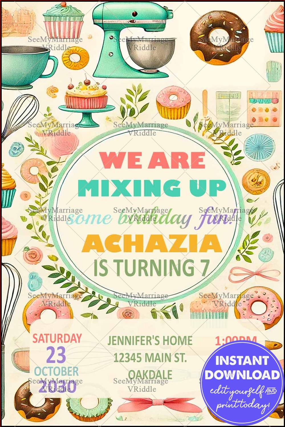 Playful Baking-Themed 7th Birthday Invitation with Cupcakes, Donuts, and Kitchen Tools in Pastel Tones