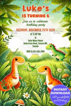 Playful Dinosaur-Themed 6th Birthday Invitation with Forest Setting and Cartoon Dinosaurs