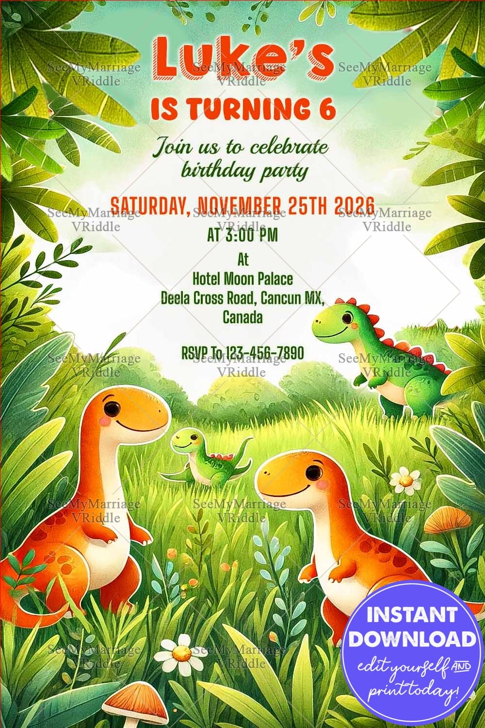 Playful Dinosaur-Themed 6th Birthday Invitation with Forest Setting and Cartoon Dinosaurs
