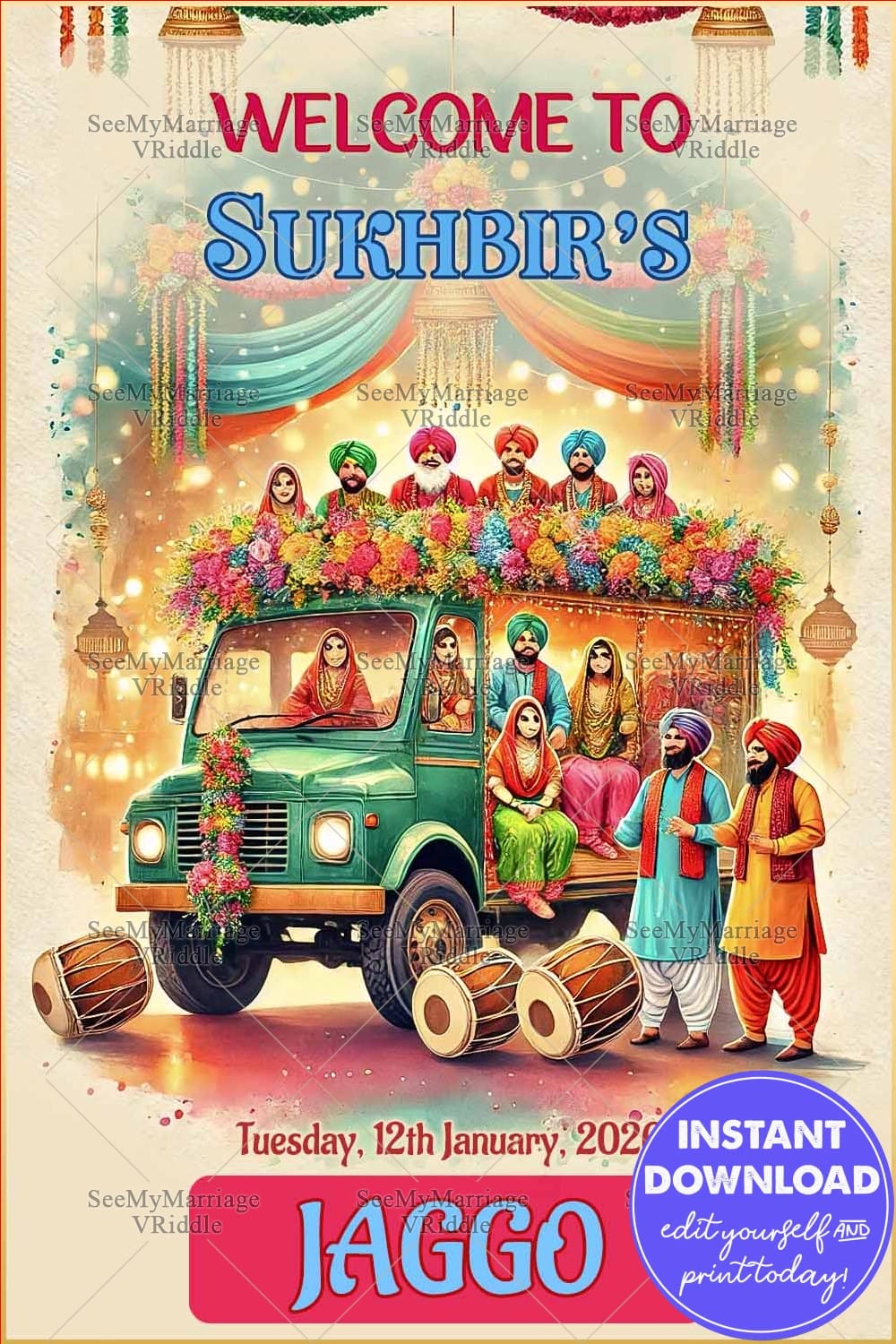 Punjabi Jaggo Celebration Poster Welcome Sign with Vibrant Truck Decor, Cultural Attire, and Festive Dhols