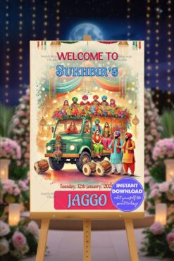 Punjabi Jaggo Celebration Poster Welcome Sign with Vibrant Truck Decor, Cultural Attire, and Festive Dhols