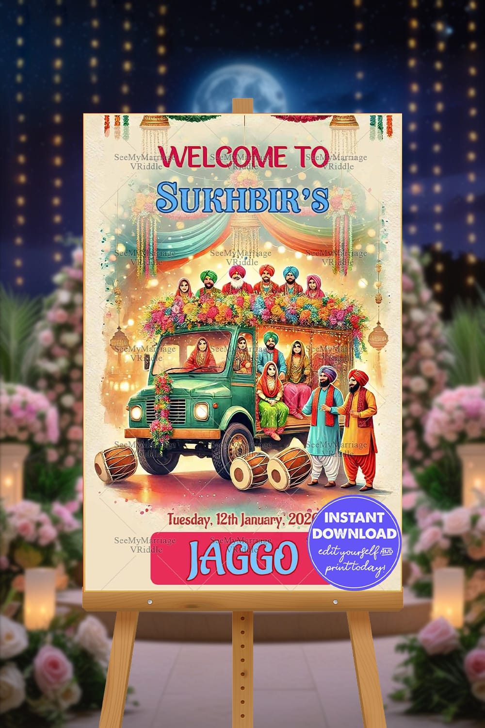 Punjabi Jaggo Celebration Poster Welcome Sign with Vibrant Truck Decor, Cultural Attire, and Festive Dhols Mockup