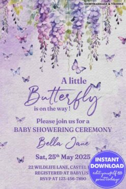 Purple Butterfly-Themed Baby Shower Invitation with Floral Wisteria Accents on Textured Lavender Background
