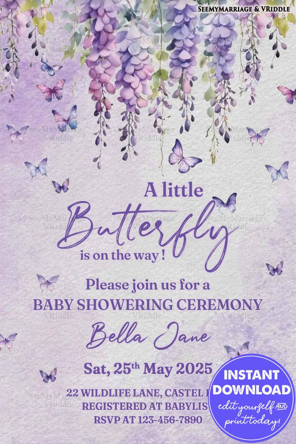Purple Butterfly-Themed Baby Shower Invitation with Floral Wisteria Accents on Textured Lavender Background