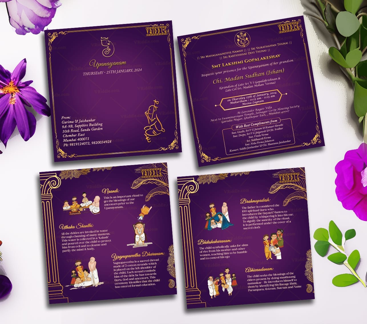 Purple Themed Upanayanam Invitation Set With Religious Family Event Details