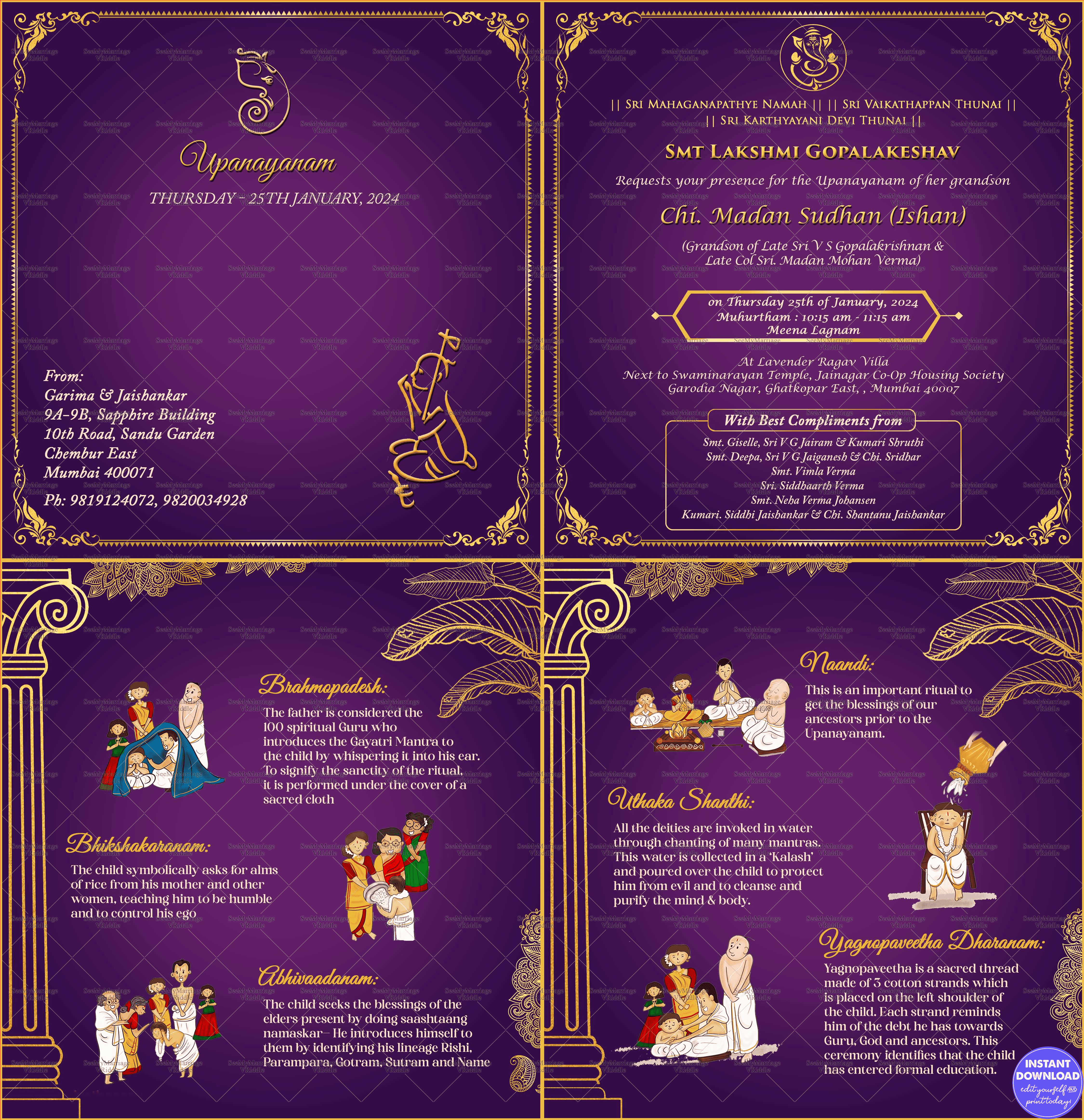 Purple Themed Upanayanam Invitation Set With Religious Family Event Details
