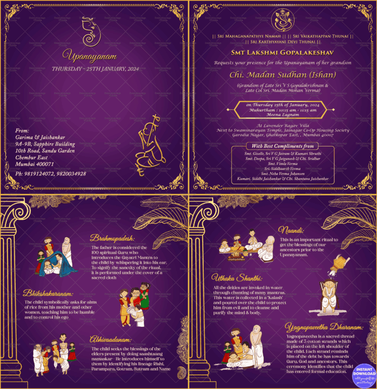 Purple Themed Upanayanam Invitation Set With Religious Family Event Details