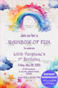 Rainbow-Themed 5th Birthday Invitation with Watercolor Clouds, Glitter Accents, and a Fun Design