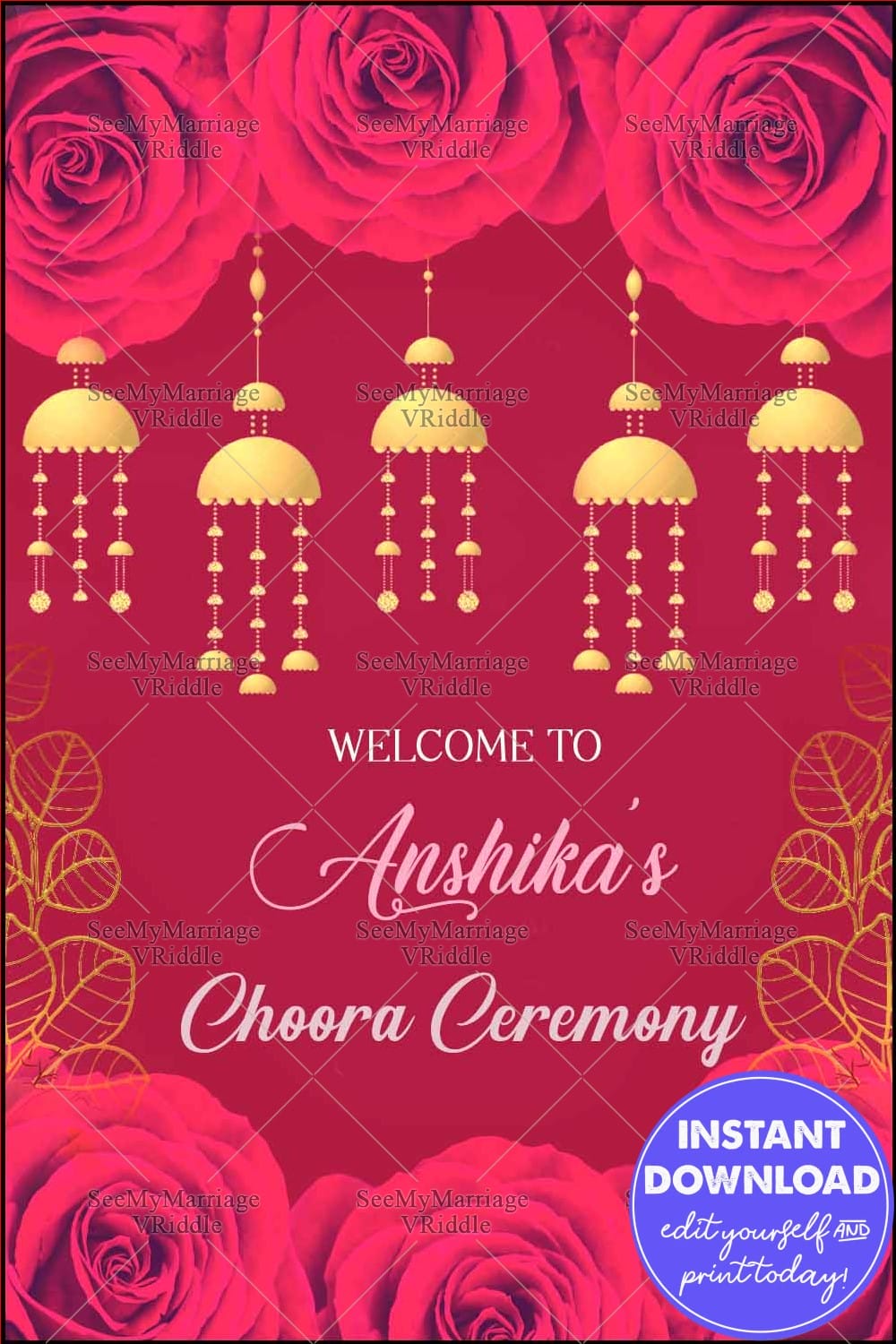 Red Rose-Themed Choora Ceremony Welcome Banner with Traditional Golden Ornaments with Luxurious Vibe