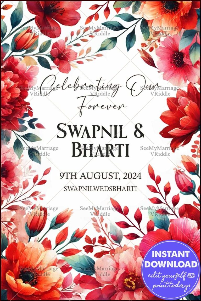 Red and Pink Floral Wedding Announcement with Vibrant Flowers and Elegant Typography