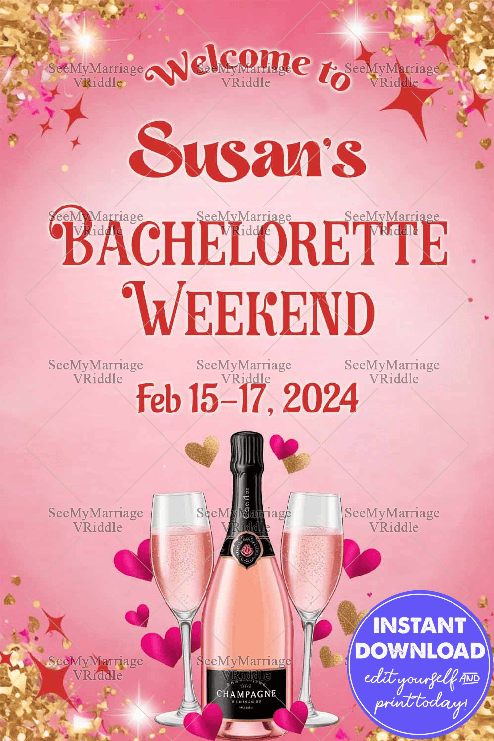 Red and Pink Themed Bachelorette Weekend Welcome Banner with Star Sparkle Motifs and Soft Background