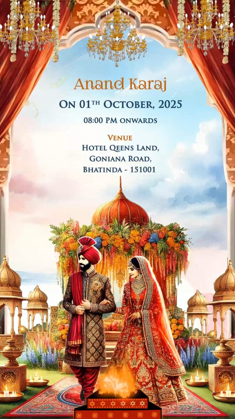 Regal Wedding Invitation Video with Traditional Couple Design and Majestic Backdrop