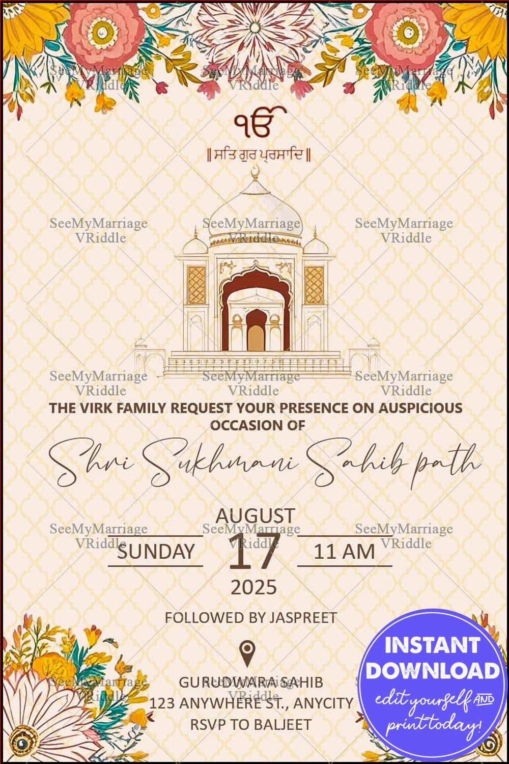 Religious Sikh Shri Sukhmani Sahib Path Invitation with Gurudwara Illustration and Floral Accents