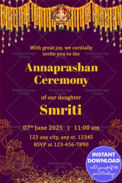 Rich Violet Annaprashan Invite Adorned with Vibrant Floral Garlands and Traditional Lotus Illustrations