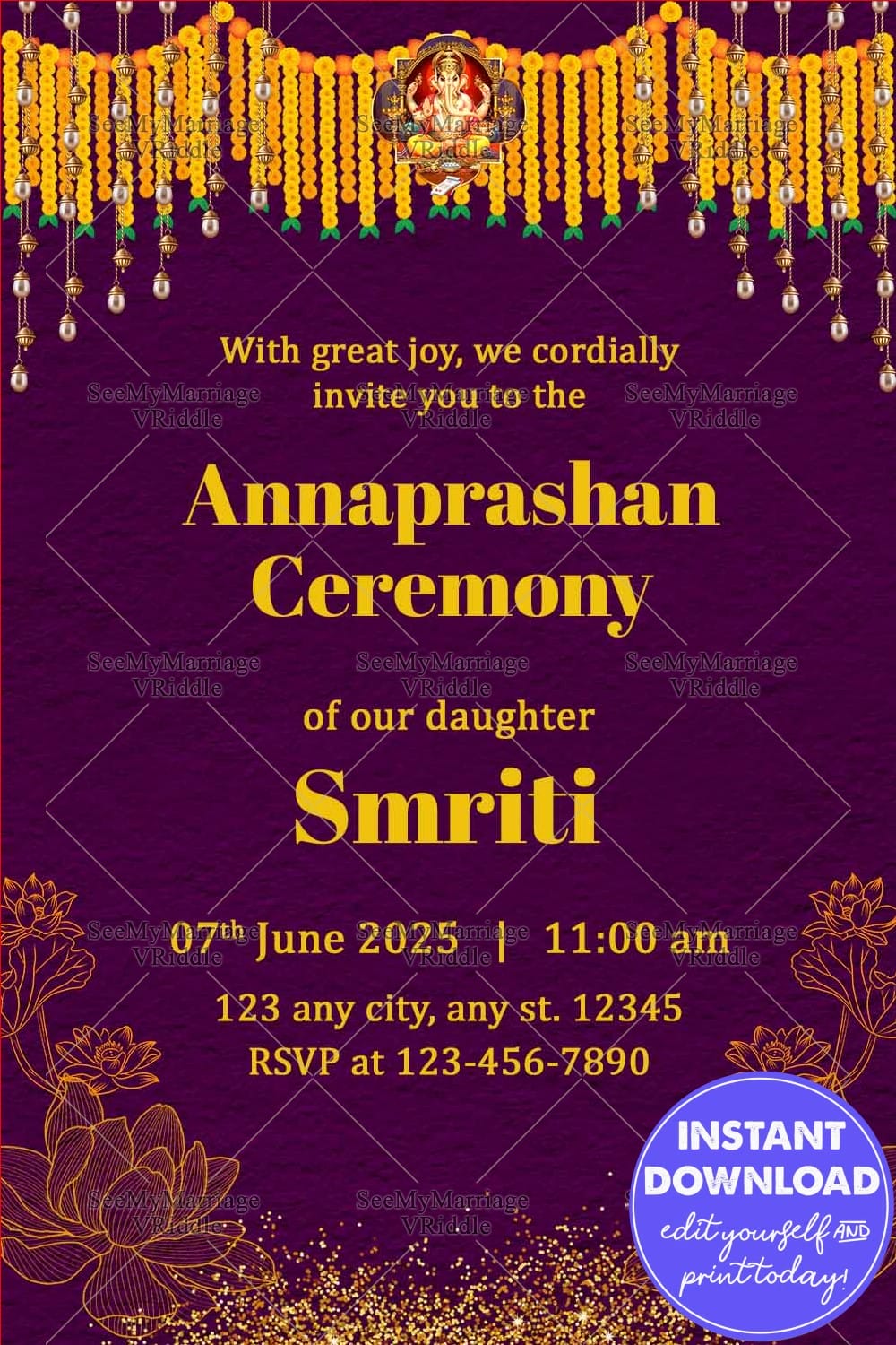 Rich Violet Annaprashan Invite Adorned with Vibrant Floral Garlands and Traditional Lotus Illustrations