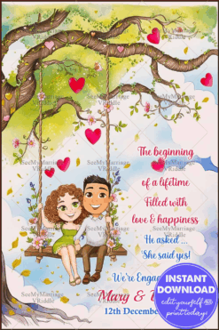 Romantic Cartoon-Style Engagement Announcement with Cartoon Couple on a Swing and Romantic Tree