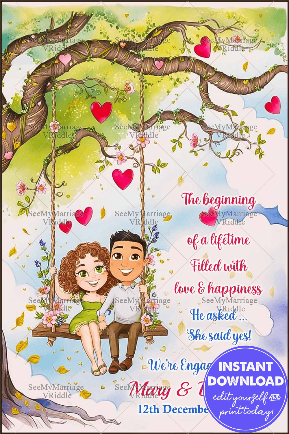 Romantic Cartoon-Style Engagement Announcement with Cartoon Couple on a Swing and Romantic Tree