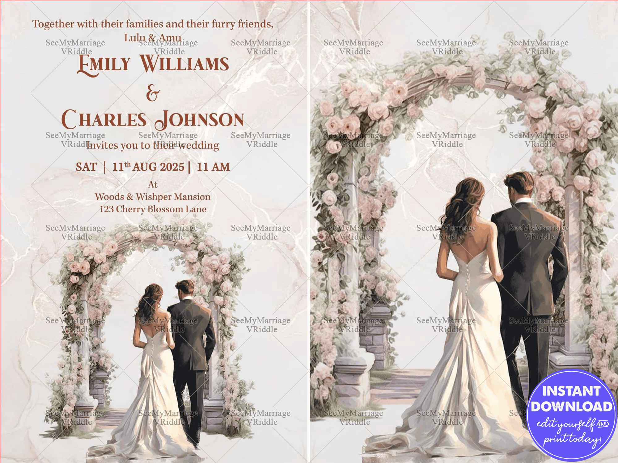 Romantic Floral Wedding Invitation with Couple Illustration Under an Elegant Arch at a Scenic Venue