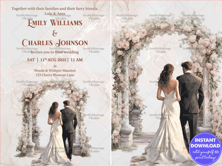 Romantic Floral Wedding Invitation with Couple Illustration Under an Elegant Arch at a Scenic Venue