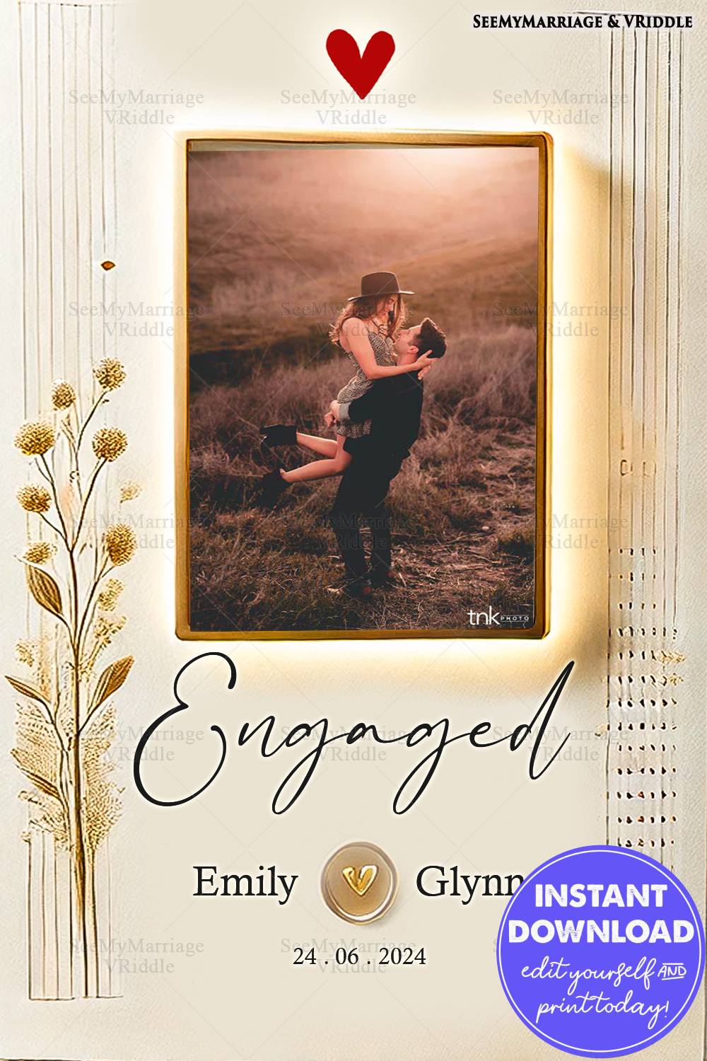 Romantic Minimalistic Engagement Announcement with Warm Rustic Photo Frame and Golden Floral Accents