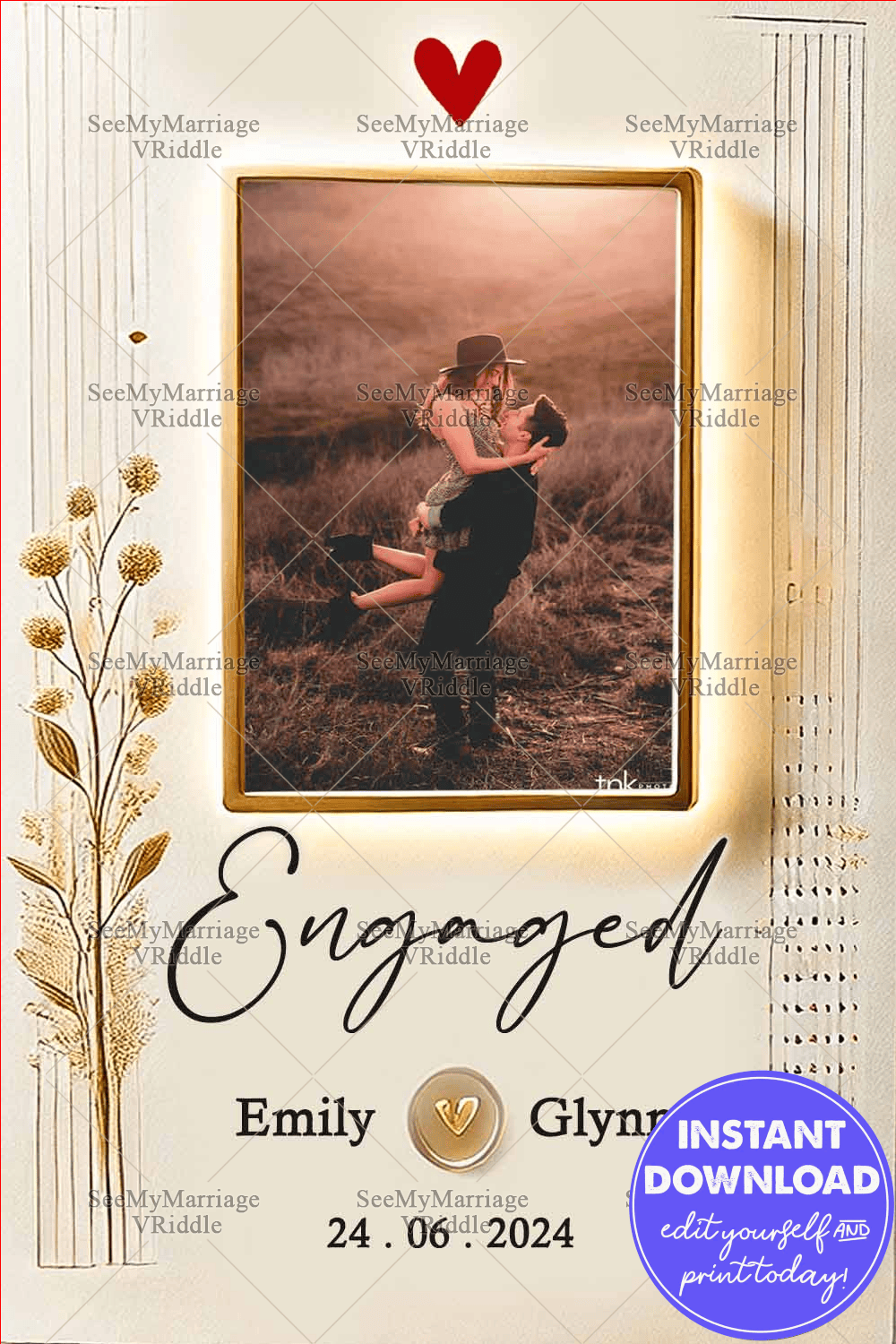 Romantic Minimalistic Engagement Announcement with Warm Rustic Photo Frame and Golden Floral Accents
