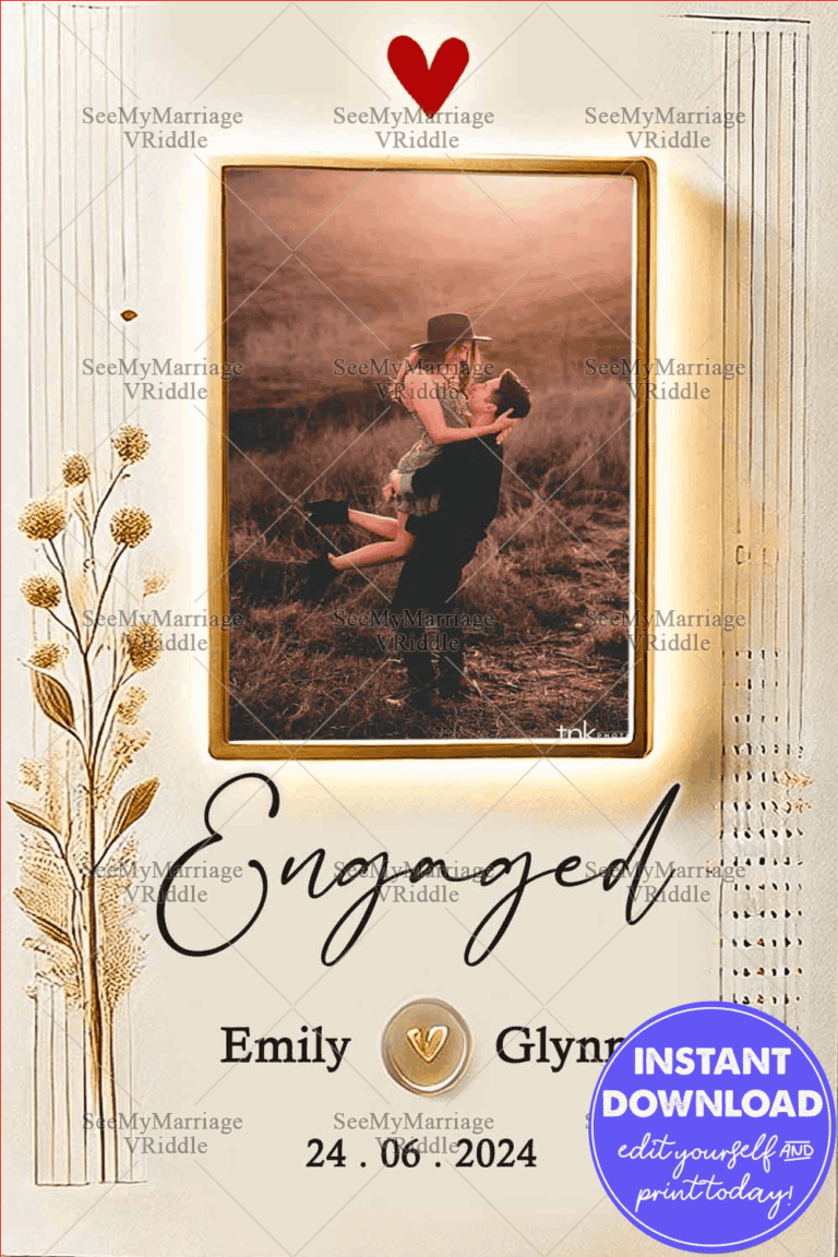 Romantic Minimalistic Engagement Announcement with Warm Rustic Photo Frame and Golden Floral Accents