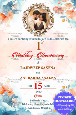 Romantic Pastel Wedding Anniversary Invitation Design with Floral Frame & Watercolor