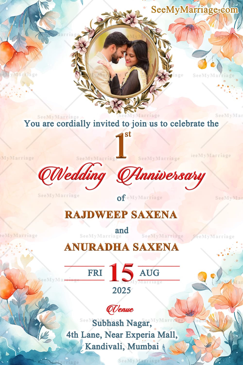 Romantic Pastel Wedding Anniversary Invitation Design with Floral Frame & Watercolor