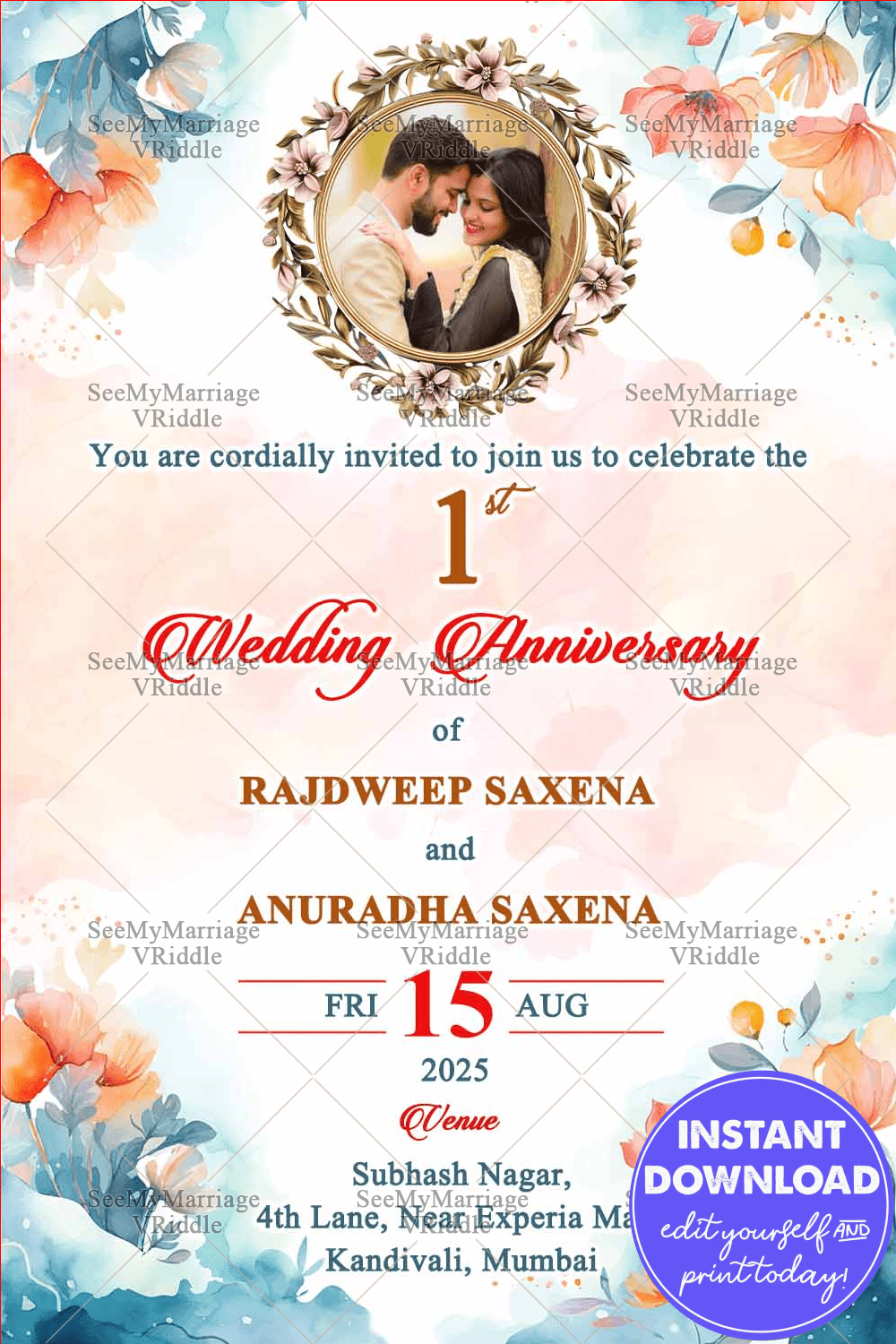 Romantic Pastel Wedding Anniversary Invitation Design with Floral Frame & Watercolor
