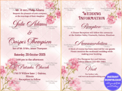 Romantic Pink Floral Wedding Invitation with Elegant Script, Detailed Event Information and Glitter Accents