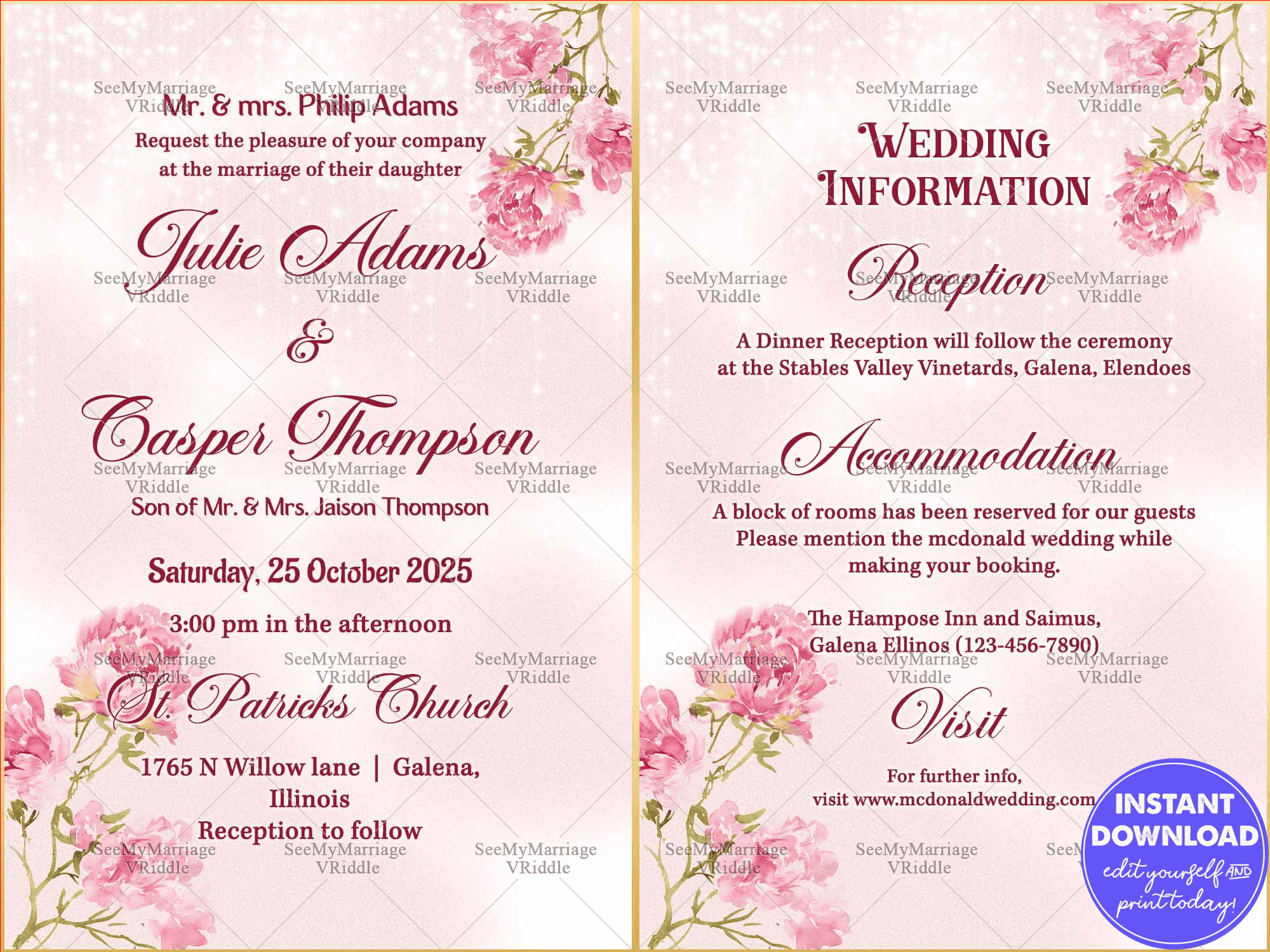 Romantic Pink Floral Wedding Invitation with Elegant Script, Detailed Event Information and Glitter Accents