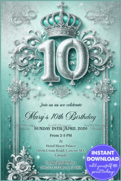 Royal 10th Birthday Invitation with Glittering Silver Number, Regal Crown, and Elegant Teal Background