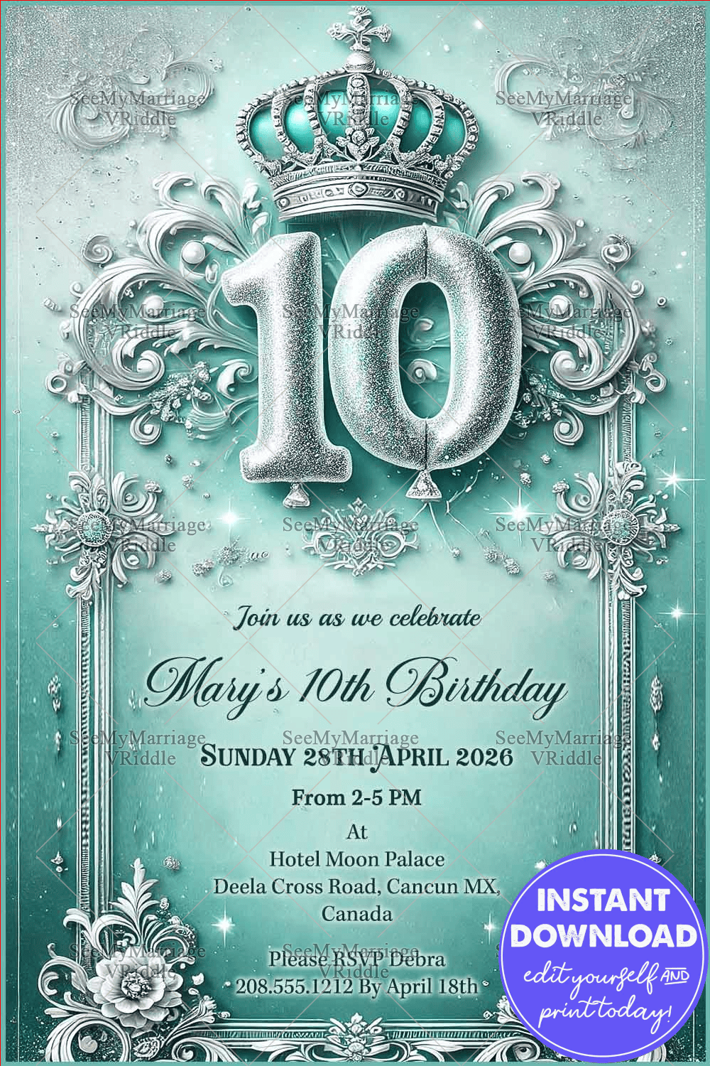 Royal 10th Birthday Invitation with Glittering Silver Number, Regal Crown, and Elegant Teal Background