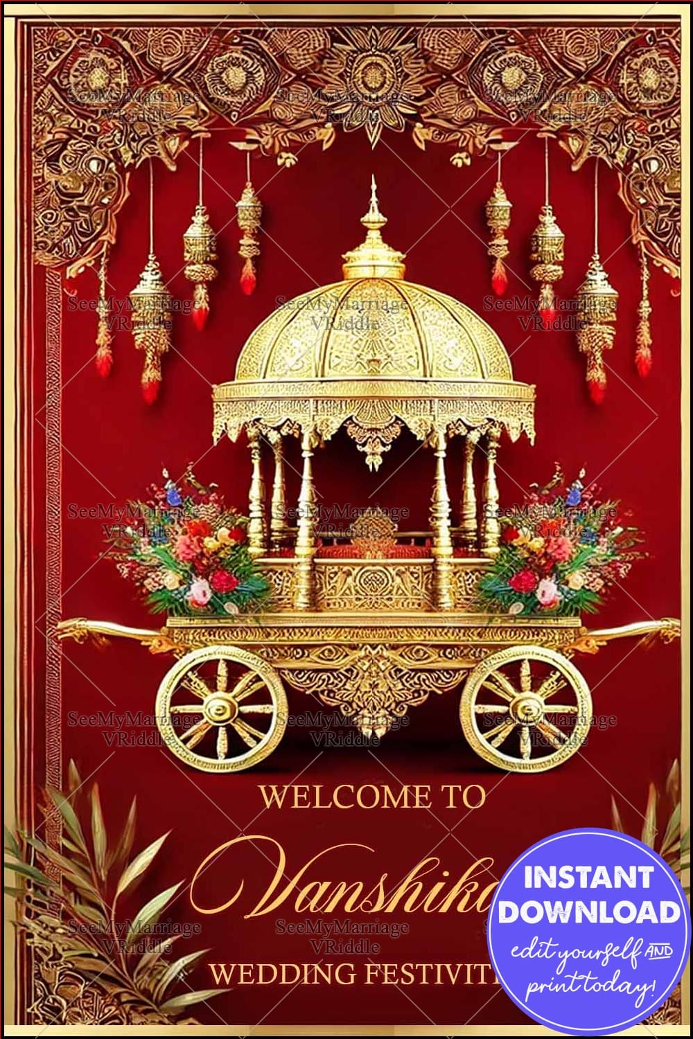 Royal Gold-Themed Wedding Welcome Banner with Ornate Chariot and Floral Accents on a Deep Red Background