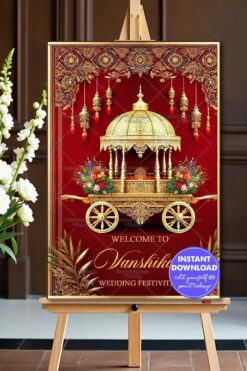 Royal Gold-Themed Wedding Welcome Banner with Ornate Chariot and Floral Accents on a Deep Red Background