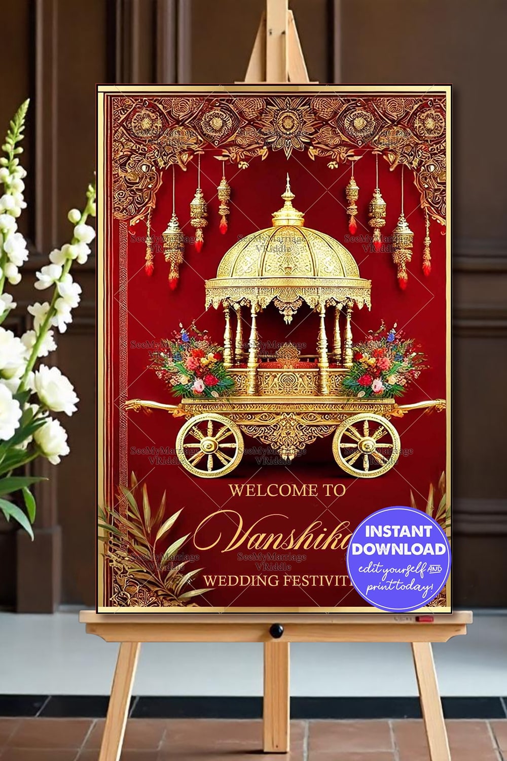 Royal Gold-Themed Wedding Welcome Banner with Ornate Chariot and Floral Accents on a Deep Red Background