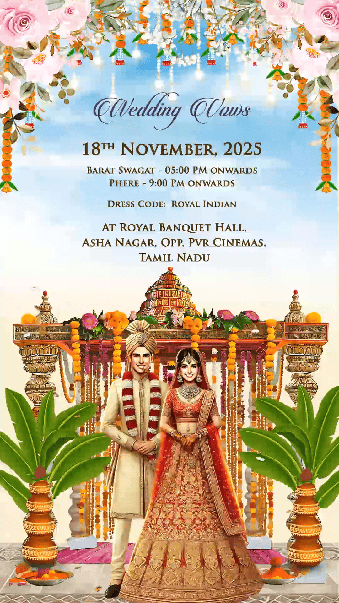 Royal Mandap Wedding Invitation Video with Floral Decor and Traditional Attire