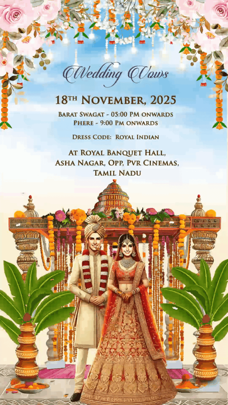Royal Mandap Wedding Invitation Video with Floral Decor and Traditional Attire