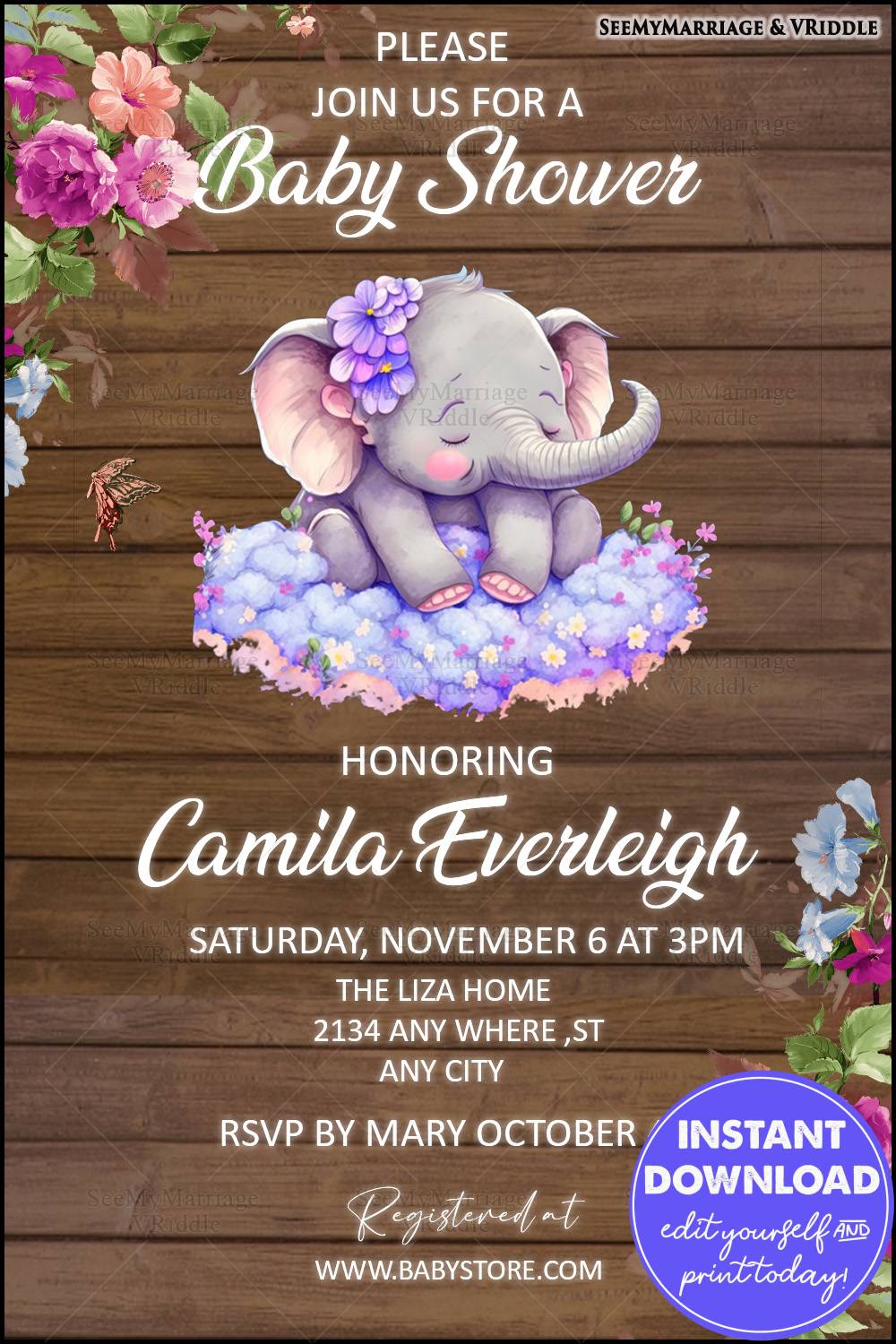 Rustic Baby Shower Invitation with Adorable Elephant Illustration and Floral Accents on Wooden Background
