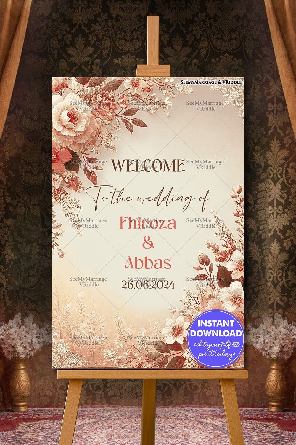 Rustic Floral Wedding Welcome Banner with Soft Beige Background and Elegant Red and White Blooms