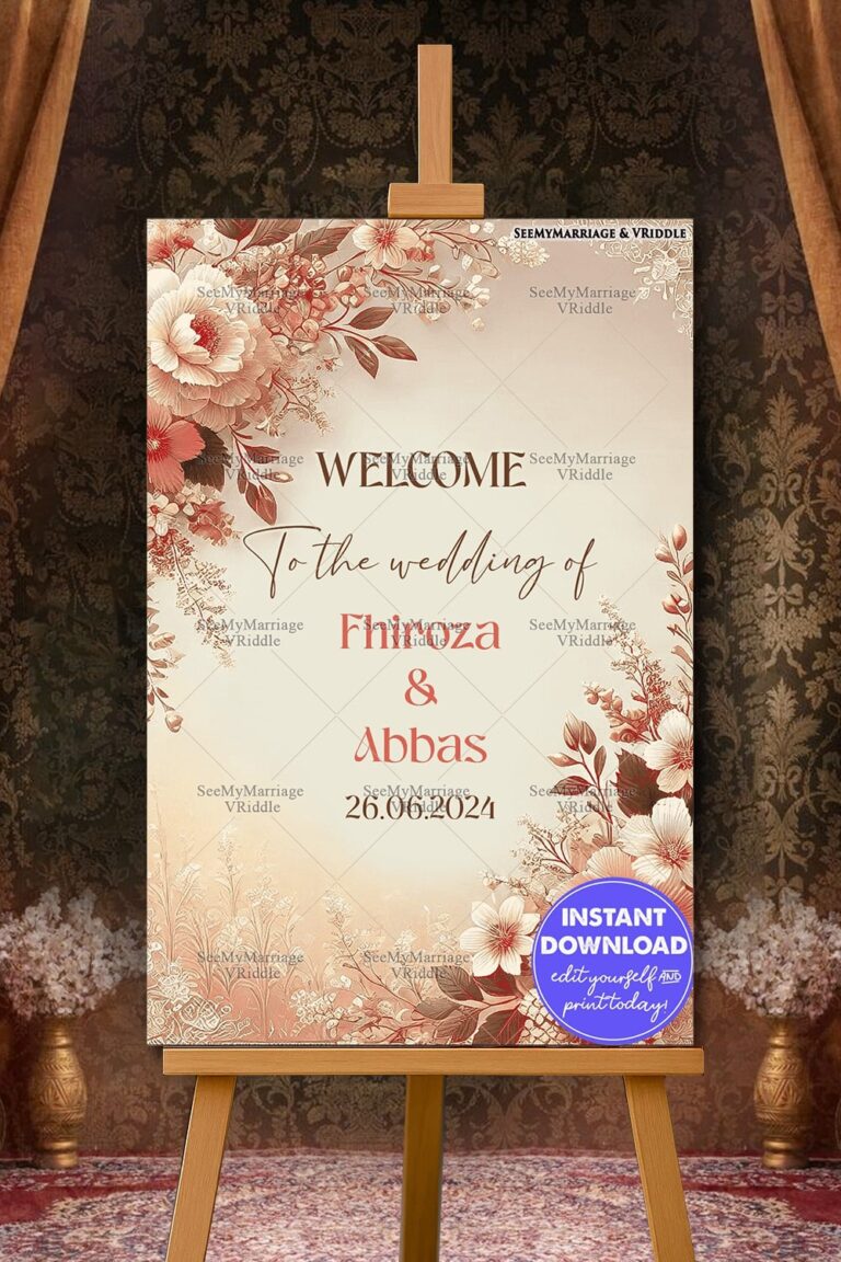 Rustic Floral Wedding Welcome Banner with Soft Beige Background and Elegant Red and White Blooms