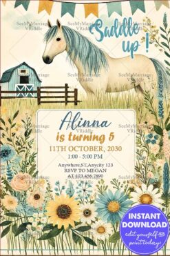 Rustic Horse-Themed 5th Birthday Invitation with Vibrant Florals and Countryside Charm
